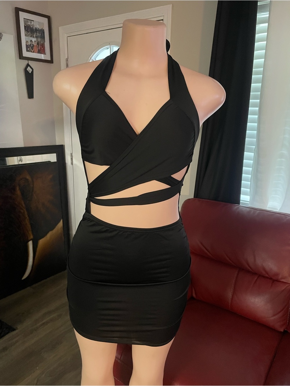 Black Strappy Wrap Halter Mini Dress swim suit Small Bodycon